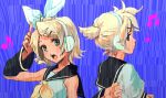  blonde_hair detached_sleeves hair_ribbon headphones kagamine_len kagamine_rin musical_note ribbon short_hair siblings taira twins vocaloid 