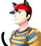 aqua_eyes backpack bag black_hair cat_ears cat_tail commentary male masao mother_(game) mother_2 ness nintendo shirt striped striped_shirt tail whiskers 