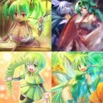  breasts cleavage edobox fairy green_eyes green_hair japanese_clothes kimono large_breasts naked_apron pointy_ears red_eyes short_hair thighhighs wings 
