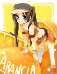  bare_shoulders black_hair cute food food_themed_clothes fruit kurot leaning_forward midriff orange orange_(color) orange_eyes original solo thigh-highs thighhighs twintails visor visor_cap white_legwear white_thighhighs wrist_cuffs 