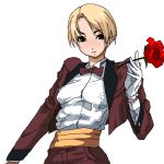  blonde_hair bowtie chiisan earrings flower formal gloves jewelry king_(snk) king_of_fighters lowres pant_suit reverse_trap rose short_hair simple_background solo suit tuxedo white_background white_gloves 