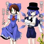  2girls ? blue_eyes blue_hair brown_hair cirno cirno_(cosplay) cosplay costume_switch crossover doll_joints heterochromia multiple_girls rozen_maiden short_hair souseiseki souseiseki_(cosplay) touhou translated translation_request wings 