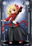  bad_hands blazblue blonde_hair cosplay hair_ribbon highres koha ragna_the_bloodedge ragna_the_bloodedge_(cosplay) red_eyes ribbon rumia rumia_the_bloodedge short_hair solo sword touhou weapon 