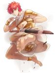  1boy anklet armor barefoot bracelet breastplate feet flying_kick jewelry kali_lgk kicking magi_the_labyrinth_of_magic male masrur piercing red_eyes redhead short_hair simple_background solo spaulders sword weapon white_background 