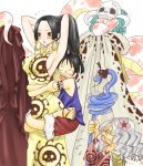  armpits black_eyes black_hair blush boa_hancock breasts chinadress cocotri earrings elder_nyon height_difference hug jewelry monkey_d_luffy nyon one_piece salome_(one_piece) sideboob snake staff 