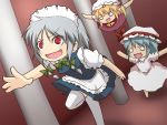  blue_hair chasing chibi dutch_angle fang flandre_scarlet flying hairband hands hat izayoi_sakuya maid noya o_o open_mouth outstretched_arm outstretched_arms outstretched_hand pillar reaching red_eyes remilia_scarlet run_away running short_hair silver_hair spread_arms thigh-highs thighhighs touhou upskirt 