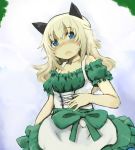  1girl alternate_costume animal_ears apron bare_shoulders blonde_hair blue_eyes blush bow cat_ears collarbone dirndl dress german_clothes helma_lennartz highres izuoku long_hair open_mouth short_sleeves solo strike_witches traditional_clothes 