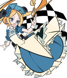  1girl absurdres adapted_costume alice's_adventures_in_wonderland alice_(alice_in_wonderland) alice_(alice_in_wonderland)_(cosplay) alternate_color apron back_bow blonde_hair bloody_marie_(skullgirls) blue_eyes bow checkered_background commentary cosplay cxdotchison dress english_commentary frilled_apron frilled_dress frills hair_ornament highres maid_headdress open_mouth pocket_watch puffy_short_sleeves puffy_sleeves short_sleeves simple_background skull_hair_ornament skullgirls solo twintails watch white_background wrist_cuffs 
