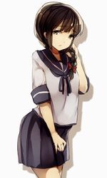  1girl ass blouse braid brown_eyes brown_hair hair_ribbon highres isonami_(kantai_collection) kantai_collection kyouya_(mukuro238) long_hair neckerchief ribbon school_uniform serafuku skirt solo 