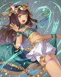  1girl animal_ears bare_shoulders bastet_(p&amp;d) brown_hair cape cat_ears cat_tail dutch_angle fang green_eyes hillly_(maiwetea) legs long_hair looking_at_viewer midriff navel puzzle_&amp;_dragons skirt tail waving wrist_cuffs 
