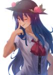  1girl ;p akanbe backlighting blue_hair blush bow bust collarbone food fruit hat hinanawi_tenshi ibuki_notsu long_hair one_eye_closed peach red_eyes small_breasts solo tongue tongue_out touhou white_background 