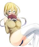  1girl ahoge bare_shoulders blonde_hair blue_eyes book breasts covering covering_mouth dated glasses i-8_(kantai_collection) kantai_collection long_hair nekobaka one-piece_swimsuit red-framed_glasses ribbed_sweater school_swimsuit sweater swimsuit swimsuit_under_clothes thigh-highs white_background white_legwear 