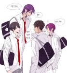  4boys ? adam&#039;s_apple bag black_hair bookssl brown_hair crossover eye_contact free! height_difference himuro_tatsuya korean kuroko_no_basuke looking_at_another male matsuoka_rin multiple_boys murasakibara_atsushi necktie purple_hair school_uniform standing thought_bubble white_background yamazaki_sousuke 