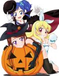  3girls :d aikatsu! blonde_hair blue_eyes blue_hair blush brown_hair cape elbow_gloves fang gloves grin hair_ribbon halloween halloween_costume hat hoshimiya_ichigo hug jack-o&#039;-lantern kiriya_aoi long_hair looking_at_viewer multiple_girls nude open_mouth paws red_eyes ribbon shibuki_ran shin_(irowanioedo) short_hair side_ponytail smile thigh-highs vampire_costume violet_eyes witch_hat 