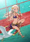  1girl armlet belt bird blonde_hair braid bridge cross-laced_footwear dark_skin earrings enshinryoku_(ticktack) gargantia_contest jewelry long_hair outstretched_arm red_eyes seagull sitting smile solo tagme water wind 