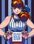  1girl alternate_hairstyle bangs bliss_barson blue_eyes bracelet breasts brown_hair cryamore curvy earrings eyelashes eyeshadow jewelry large_breasts long_hair low_ponytail makeup mole qr_code ring robert_porter sash side_ponytail sign sleeveless smile solo vertical_stripes 