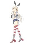  1girl black_eyes black_panties blonde_hair boots elbow_gloves gloves hairband highleg highleg_panties kantai_collection long_hair midriff panties peko shimakaze_(kantai_collection) simple_background skirt solo striped striped_legwear thigh-highs underwear white_background zettai_ryouiki 