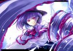  1girl black_skirt bow bowler_hat breasts drill electricity frills hat hat_bow large_breasts letterboxed light_particles long_sleeves looking_at_viewer motion_blur nagae_iku pink_eyes purple_hair shawl short_hair skirt smile solo touhou touya_(the-moon) 