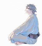  1boy barefoot emiya_kiritsugu facial_hair fate/stay_night fate_(series) indian_style japanese_clothes kimono male sitting solo stubble yamakawatani 