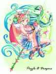  1girl arms_ai bare_shoulders bat_wings black_gloves blue_boots boots breasts cleavage copyright_name facial_mark fingerless_gloves flower fur_trim glaive gloves green_hair hair_flower hair_ornament highres horn horns jewelry long_hair necklace open_mouth petals pink_eyes plan_(p&amp;d) puzzle_&amp;_dragons solo spikes vambraces wings 