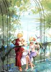  1boy 1girl absurdres ahoge aqua_eyes barefoot bird bracelet earrings fate/zero fate_(series) flower gilgamesh hair_flower hair_ornament hair_ribbon highres jewelry lilin99jh navel necklace open_mouth red_eyes ribbon saber sandals sarong smile toga 