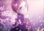 1boy bird cherry_blossoms flower from_behind glasses hair_flower hair_ornament japanese_clothes looking_at_viewer looking_back male_focus moco_315 niconico niconico_bar petals purple_hair sakanashi_touya solo violet_eyes 