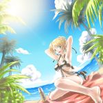  1girl armpits arms_up ayase_eli barefoot bikini blonde_hair blue_eyes breasts large_breasts long_hair love_live!_school_idol_project mystic9904 ocean palm_tree solo swimsuit tied_hair tree under_boob 