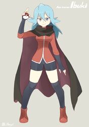  ace_trainer_(pokemon) ace_trainer_(pokemon)_(cosplay) aqua_eyes aqua_hair bike_shorts cape ibuki_(pokemon) poke_ball pokemon souji 