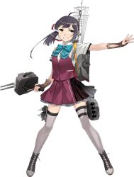  1girl adapted_turret ahoge anti-aircraft_gun aqua_bow aqua_bowtie asymmetrical_bangs black_hair bow bowtie breasts brown_gloves collared_shirt cut_bangs dress_shirt fingerless_gloves fujikawa fujinami_(kancolle) fujinami_kai_ni_(kancolle) full_body gloves grey_thighhighs grin hair_ribbon kantai_collection medium_hair official_art open_hand purple_skirt purple_vest ribbon school_uniform seamed_legwear ship_turret shirt short_sleeves side-seamed_legwear side_ponytail skirt small_breasts smile solo summer_uniform thigh-highs torpedo transparent_background type_96_aa_gun vest white_ribbon white_shirt yellow_eyes 