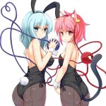  2girls animal_ears ass bare_shoulders blue_eyes blue_hair blush breasts bunny_girl bunny_tail bunnysuit cat_ears cat_tail eyeball hairband heart heart-shaped_pupils heart_of_string highres komeiji_koishi komeiji_satori large_breasts looking_at_viewer multiple_girls ocha_(ochappie) pantyhose pink_hair rabbit_ears red_eyes short_hair siblings simple_background sisters small_breasts smile symbol-shaped_pupils tail third_eye touhou white_background wrist_cuffs 