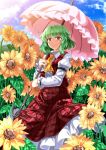  1girl ascot blue_sky clouds e.o. field flower flower_field green_hair highres juliet_sleeves kazami_yuuka long_sleeves open_clothes open_vest parasol puffy_sleeves red_eyes shirt skirt sky smile solo sunflower touhou umbrella vest 