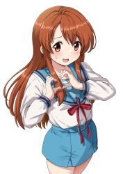  1girl :d asahina_mikuru blue_sailor_collar blue_skirt blush collarbone heart heart_hands highres kita_high_school_uniform long_hair open_mouth orange_eyes orange_hair pleated_skirt red_ribbon ribbon sailor_collar school_uniform serafuku simple_background skirt smile solo standing sutemeto suzumiya_haruhi_no_yuuutsu sweatdrop thighs white_background winter_uniform 