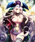  1girl bare_shoulders body_writing breasts choker grey_hair hat highres holding large_breasts long_hair mole mole_under_eye navel original parted_lips pecorin pointy_ears solo star thigh_strap very_long_hair wand yellow_eyes 