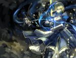  1girl ahoge armor blonde_hair breastplate bubble excalibur fate/stay_night fate_(series) faulds gauntlets glowing glowing_sword glowing_weapon greaves green_eyes highres invisible_air saber saber_class_(fate/stay_night) saberiii short_hair solo weapon 