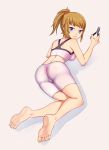  1girl ass barefoot bike_shorts blue_eyes breasts brown_hair from_behind gundam gundam_build_fighters gundam_build_fighters_try highres hoshino_fumina jun_(goodgun7) looking_at_viewer looking_back ponytail short_hair smile solo sports_bra toes wire_cutters 