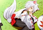  1girl animal_ears bare_shoulders blush detached_sleeves grass inubashiri_momiji midriff nature no_hat open_mouth orange_eyes pom_pom_(clothes) shield short_hair silver_hair solo sword tail touhou weapon wolf_ears wolf_tail 