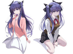  absurdres alternate_universe black_skirt breaker_gorgon brown_vest child command_spell contemporary corruption cosplay dark_persona fate/stay_night fate_(series) hair_ribbon heaven&#039;s_feel highres homurabara_academy_school_uniform long_hair long_legs matou_sakura matou_sakura_(cosplay) multiple_girls neck_ribbon non-web_source print_ribbon purple_hair red_ribbon ribbon role_reversal scar school_uniform shokobr siblings sisters skirt thigh-highs tohsaka_rin two_side_up vest violet_eyes 