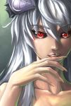  1girl black_sclera demon_girl highres horns long_hair maritan_(artist) monster_girl_encyclopedia nude original red_eyes silver_hair solo succubus 