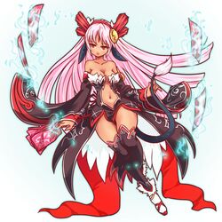  1girl bare_shoulders breasts character_request cleavage copyright_request dark_skin highres itsuki_(otsugei) large_breasts long_hair looking_at_viewer navel red_eyes solo tagme 