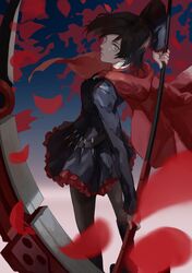  1girl bandolier belt black_boots black_dress black_hair black_legwear boots bullet cartridge cross dress frilled_dress frills from_behind grey_eyes head_tilt highres knee_boots looking_at_viewer looking_back pantyhose petals red_cape rose_petals ruby_rose rwby scythe short_hair solo zixs 