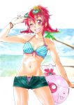  1girl absurdres aida_mana beach bikini bikini_bottom bikini_top blush digital_divide_shiwasu dokidoki!_precure eyelashes glasses hair_flip hair_ornament half_updo happy highres looking_at_viewer navel one_eye_closed open_mouth pink_eyes pink_hair precure short_hair shorts smile solo standing swimsuit 