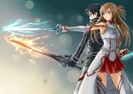  1boy 1girl asuna_(sao) back-to-back black_eyes black_hair brown_eyes brown_hair dual_wielding fighting_stance fingerless_gloves gloves jastersin21 kirito long_hair magic red_skirt sheath side_ponytail skirt small_breasts sword sword_art_online thigh-highs weapon yuuki_asuna 