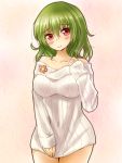  1girl alternate_costume bare_shoulders blush breasts collarbone covering covering_crotch green_hair head_tilt kazami_yuuka large_breasts long_sleeves looking_at_viewer naked_sweater off_shoulder red_eyes ribbed_sweater shironeko_yuuki smile solo sweater sweater_tug touhou 