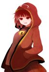  1girl adapted_costume arano_oki dress hands_in_pockets hoodie kawashiro_mitori lock looking_at_viewer open_clothes open_hoodie open_mouth red_eyes redhead shirt skirt skirt_set smile solo touhou twintails 