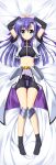  1girl aqua_eyes arms_up bed_sheet bike_shorts black_legwear blush crop_top crotch_seam dakimakura endori fingerless_gloves ginga_nakajima gloves hair_ribbon long_hair looking_at_viewer lying lyrical_nanoha mahou_shoujo_lyrical_nanoha_strikers midriff navel on_back purple_hair ribbon small_breasts socks solo younger 