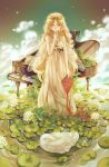  1girl bird blonde_hair commentary cross cross_necklace dress fairy fairy_wings flower freckles green_eyes head_wreath highres instockeee instrument jewelry kite lily_pad long_hair looking_at_viewer lotus necklace original piano pointy_ears revision smile solo swan very_long_hair water wings 
