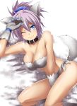 1girl alternate_costume animal_ears aoba_(kantai_collection) bare_shoulders blue_eyes blush breasts collar kantai_collection kuromayu loincloth looking_at_viewer one_eye_closed purple_hair shiny shiny_skin smile solo tail wolf_ears wolf_tail 