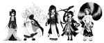  1boy 5girls alternate_costume animal_ears asymmetrical_wings beads bow clouds facial_hair futatsuiwa_mamizou glasses gradient_hair hat hijiri_byakuren hisona_(suaritesumi) houjuu_nue japanese_clothes kimono kumoi_ichirin lineup long_hair monochrome multicolored_hair multiple_girls murasa_minamitsu mustache no_hat open_mouth pince-nez raccoon_ears raccoon_tail ribbon short_hair skirt smile tail touhou triangular_headpiece unzan wings 