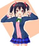  1girl black_hair bow cardigan hair_bow long_hair love_live!_school_idol_project onsen_panda red_eyes school_uniform twintails yazawa_nico 