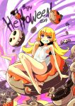  1girl barefoot blonde_hair blush_stickers doughnut dress halloween highres long_hair monogatari_(series) no_panties oshino_shinobu phandit_thirathon solo strap_slip violet_eyes 